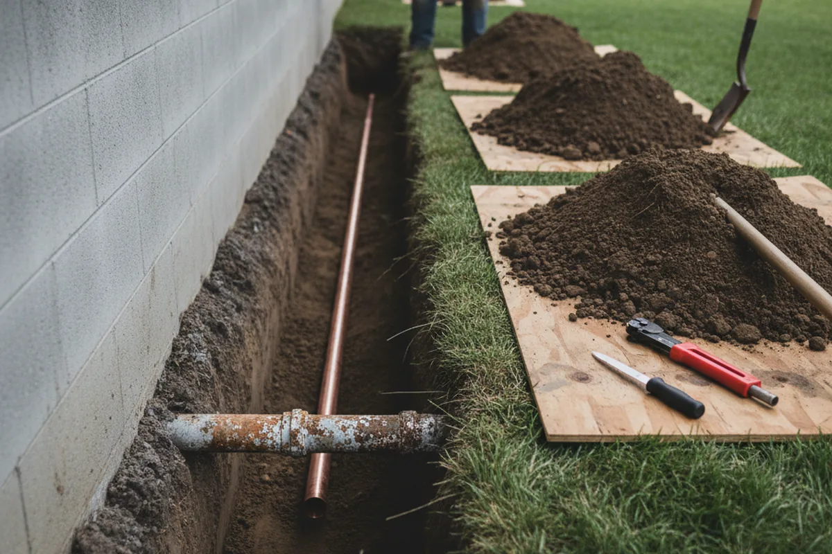 Excavated water line trench during Water Softener Installation in Desert Center